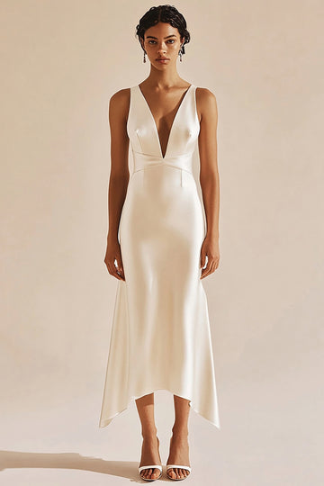 V-Neck Simple Satin Sheath Ivory Engagement Dress
